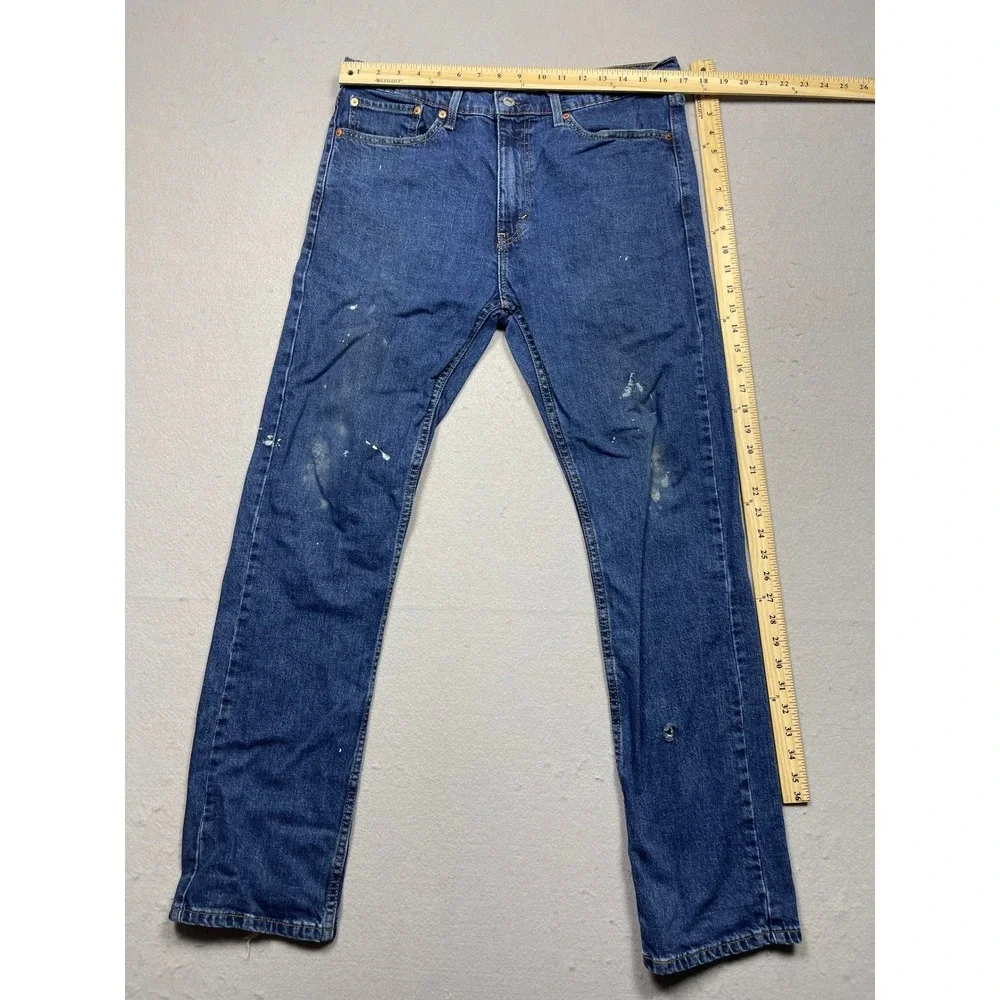Levis 513 Slim Straight Jeans Mens 34x32 Blue Denim Distressed Paint Splatter